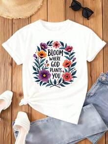 Women's White Short-Sleeve Crew Neck T-Shirt - Elegant Floral Print Blouse For All Seasons | Limited Edition | Casual And Sporty T-Shirt | Soft Machine-Washable Shirt (Everyday Wear, Gym, Gift) Women's Blouses > Clothing - 白色 - 查看 7