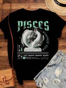 Women's Cotton T-Shirts, Pisces Zodiac Sign T-Shirt, Psychic Astrology Design, Creative, Sensitive, Artistic, Fish Symbol Graphic T-Shirt For Women And Men, Casual Wear, Birthday Gift For Pisces Lovers, Basic Women's Blouses. - 黑色 - 查看 3