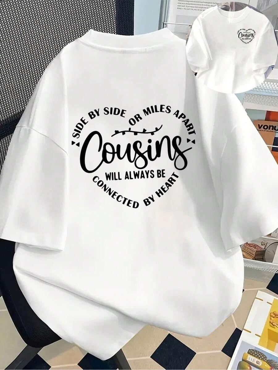 New Men's T-Shirt, 180g Weight, % Cotton, Symbolizing Family And Friendship, With Double-Sided Design Cousins United By Heart, A Modern Men's T-Shirt, Unique And Versatile, Popular New Style, Must-Have With Front And Back Panels - Suitable For Layering In Spring And Autumn, And Alone In Summer, Unisex. - 白色 - 查看 1