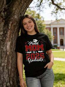 Soft T-Shirt For Women, Graduating Mom, Proud Of Her Graduating Child - Class And Diploma Design, Comfortable Casual Short Sleeve Crew Neck T-Shirt, Short Sleeve T-Shirt For Spring, Summer And Autumn Graduations, Women's T-Shirts, Printed T-Shirt, Elegant Blouses For Ladies, Summer T-Shirts, Tops, Summer Clothes For Women, Comfortable Casual Short Sleeve Crew Neck T-Shirt, Elegant Blouses For Ladies. - 黑色 - 查看 4