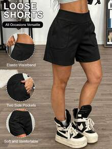 Plus Size Women's Casual Loose Drawstring Waist Shorts, Solid Color Minimalist Design, With 2 Side Pockets, Wear & Workout, Spring/Summer Sports - Black - View 1