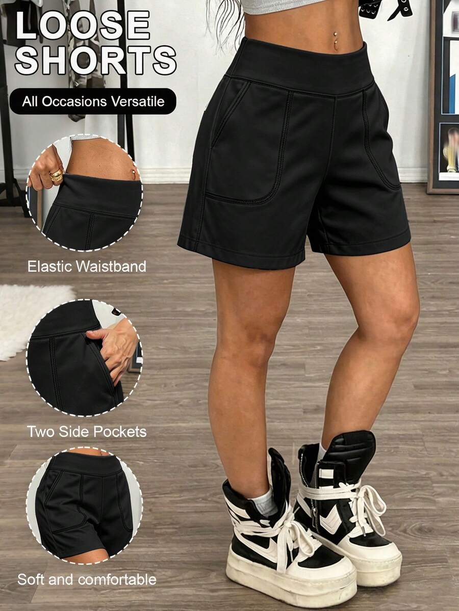 Plus Size Women's Casual Loose Drawstring Waist Shorts, Solid Color Minimalist Design, With 2 Side Pockets, Wear & Workout, Spring/Summer Sports - Black - View 1