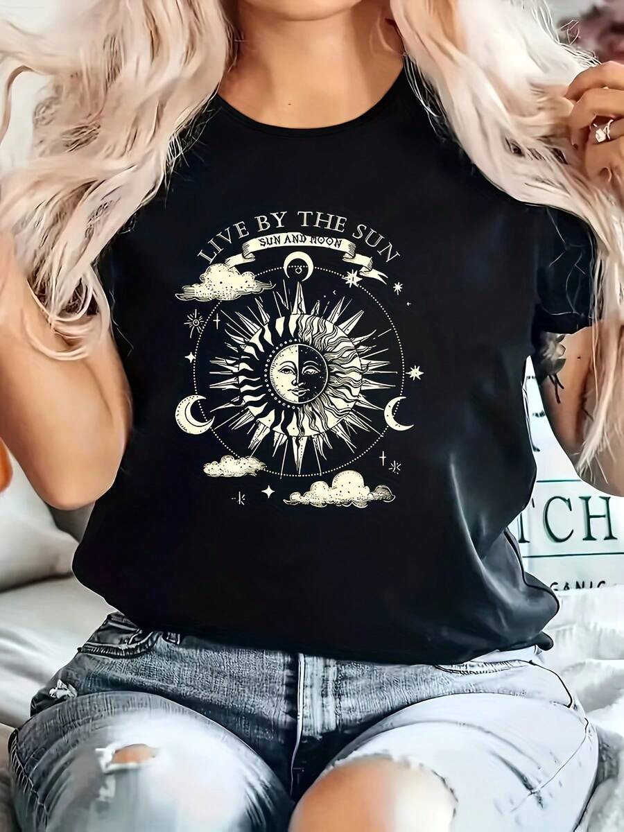 Women's Cotton T-Shirts, Round Neck, Casual Sun Goddess Print, Y2K Style, Comfortable, Loose, Casual, For Work, Going Out, Home Use, Plus Size, Spring-Summer T-Shirt For Women, Simple T-Shirt For Everyday Wear. - 黑色 - 查看 1