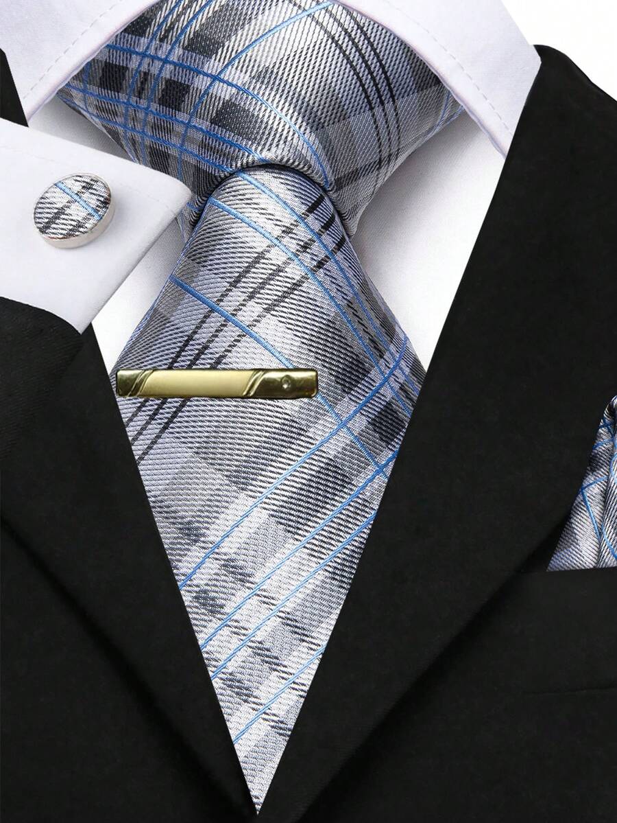 4件套男士浅灰色格子领带套装,包括口袋巾、随机袖扣和金色领带夹,节日正式领带 - 淺灰色 - 查看 1