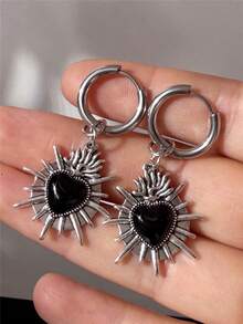 1 Pair Gothic Punk Style Vintage Black Heart-Shaped Earrings, Thorn Heart Design, Suitable For Women, Valentine's Day, Mother's Day, Halloween Gift, Unisex - Black - View 4