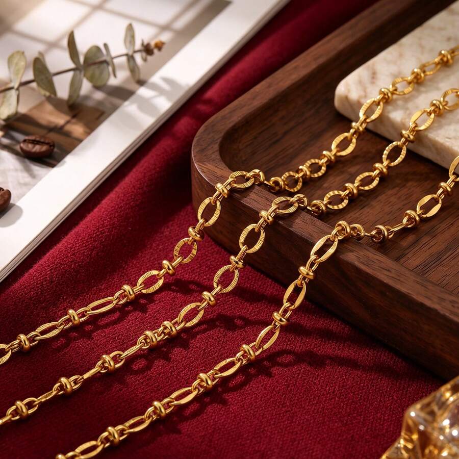 1m 304 Stainless Steel 18K Gold Plated Textured Chain, Mixed Oval And Barrel Chain Links, Suitable For DIY Jewelry Making - Chain - View 1