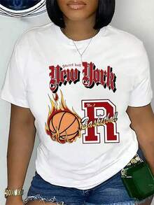 Women's Casual Graphic Print T-Shirt - New York City Basketball Flame Print Short Sleeve T-Shirt, Black Crew Neck, Geometric Design Summer Top, Machine Washable, Comfortable Fit, Basketball Jerseys, Urban Style, Street Fashion, Comfortable Fabric, Printed T-Shirt, For Urban Style Lovers - 白色 - 查看 6