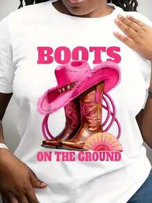 Boots On The Ground Women's T-Shirt With Pink Cowboy Hat And Boots Graphic Tee For Fall/Winter Wear Casual Christmas And Halloween Outfit - 白色 - 查看 11