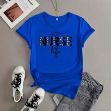 Women's Graphic Nurse T-Shirt, Cotton, Short Sleeve, Round Neck, Leopard Print And Lettering, Casual Loose Fit, For Maternity Work, Sizes M-5XL, Soft. - Blue - View 7