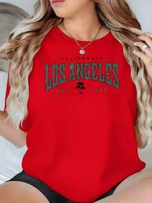 100% Cotton. Large Green Text With The Words "Los Angeles" And A Palm Tree Evoking The Sunny Atmosphere Of California. Since 1989, Women's T-Shirt, 100% Cotton, 220g. Women's Simple Solid Color T-Shirt, Loose And Slim Fit Casual Short Sleeve - 紅色的 - 查看 1