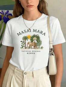 100% Cotton Masai Mara Safari Graphic T-Shirt For Women. Quality Fabric, Urban Hip-Hop Style, Comfortable, Durable, Unique Graphic Print. Women's Simple Solid Color T-Shirt, Loose And Slim Fit Casual Short Sleeve - 白色的 - 查看 6
