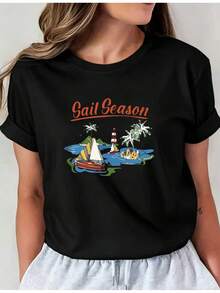 Soft Latest Style Seasonal Nautical Print T-Shirt, Basic Casual Crew Neck T-Shirt, Long Sleeve T-Shirt For Spring And Summer Vacation, New Women's Clothing, Machine Washable I01, Casual Crew Neck Top, Comfortable Women's Clothing, Cute, New Arrival - 黑色 - 查看 1