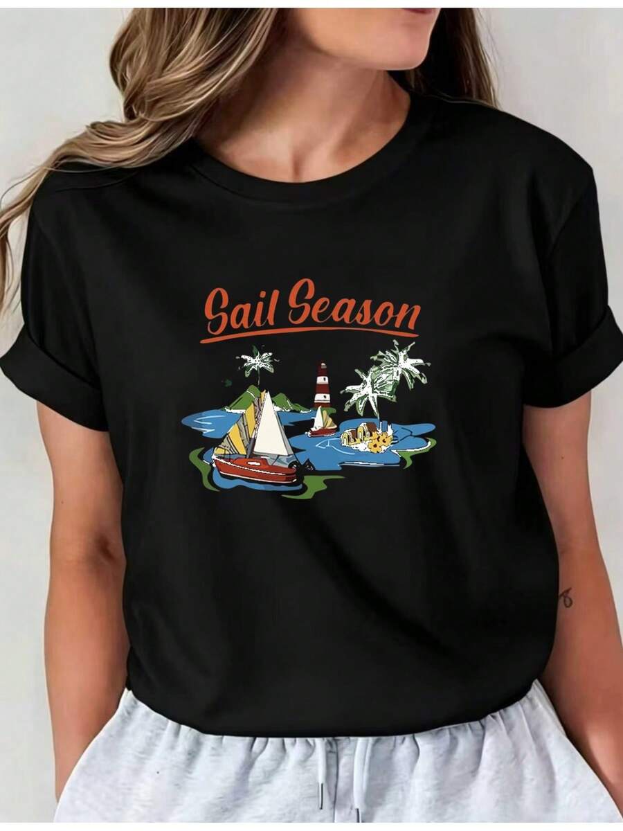 Soft Latest Style Seasonal Nautical Print T-Shirt, Basic Casual Crew Neck T-Shirt, Long Sleeve T-Shirt For Spring And Summer Vacation, New Women's Clothing, Machine Washable I01, Casual Crew Neck Top, Comfortable Women's Clothing, Cute, New Arrival - 黑色 - 查看 1