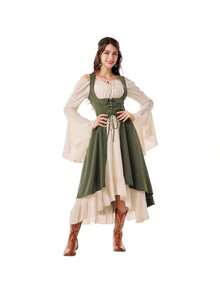 Women's Renaissance Peasant Dress, Pirate Style, Underbust Corset, Asymmetrical (High-Low) Skirt, With Pockets, Medieval Costume, Ideal For Renaissance Fairs, Theme Parties And Cosplay - 綠色 - 查看 2