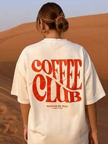 Women's "Coffee Club" Graphic Tee, Loose Fit, Heavyweight, Soft And Breathable, American Retro Style Short Sleeve, Suitable For Autumn, Desert Trips, Coffee Shop Visits And Everyday Casual Outings - 白色 - 查看 5