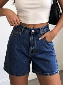 Short en jean bleu ajusté sans stretch, taille mi-haute, mode minimaliste personnalisée pour femme, polyvalent pour l'été, décontracté - Jean brut - Voir 5