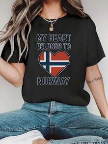 Graphic Print T-Shirt - Heart Design With Norwegian Flag "MY HEART BELONGS TO" - Casual Everyday T-Shirt - Comfortable Fit All-Season T-Shirt For Norwegian Pride Outfits, Bold Statement Top, Non-See-Through Fabric, Patriotic Clothing, Top, Breathable Material, Short Sleeve T-Shirt, For Fashion Lovers Women's Blouses > Clothing - 黑色 - 查看 1