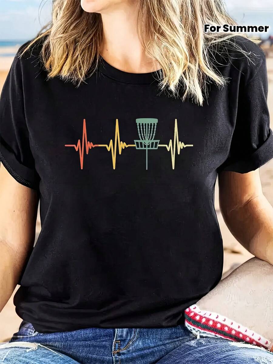 Women's Casual Crew Neck T-Shirt With Colorful Heartbeat And Golf Disc Patterns - Short Sleeve, Summer And Spring Top, Loose Fit, Beach-Themed Design, Relaxed Fit T-Shirt. | Printed T-Shirt | Comfortable Fit, Beachwear 2N1M - 黑色 - 查看 1