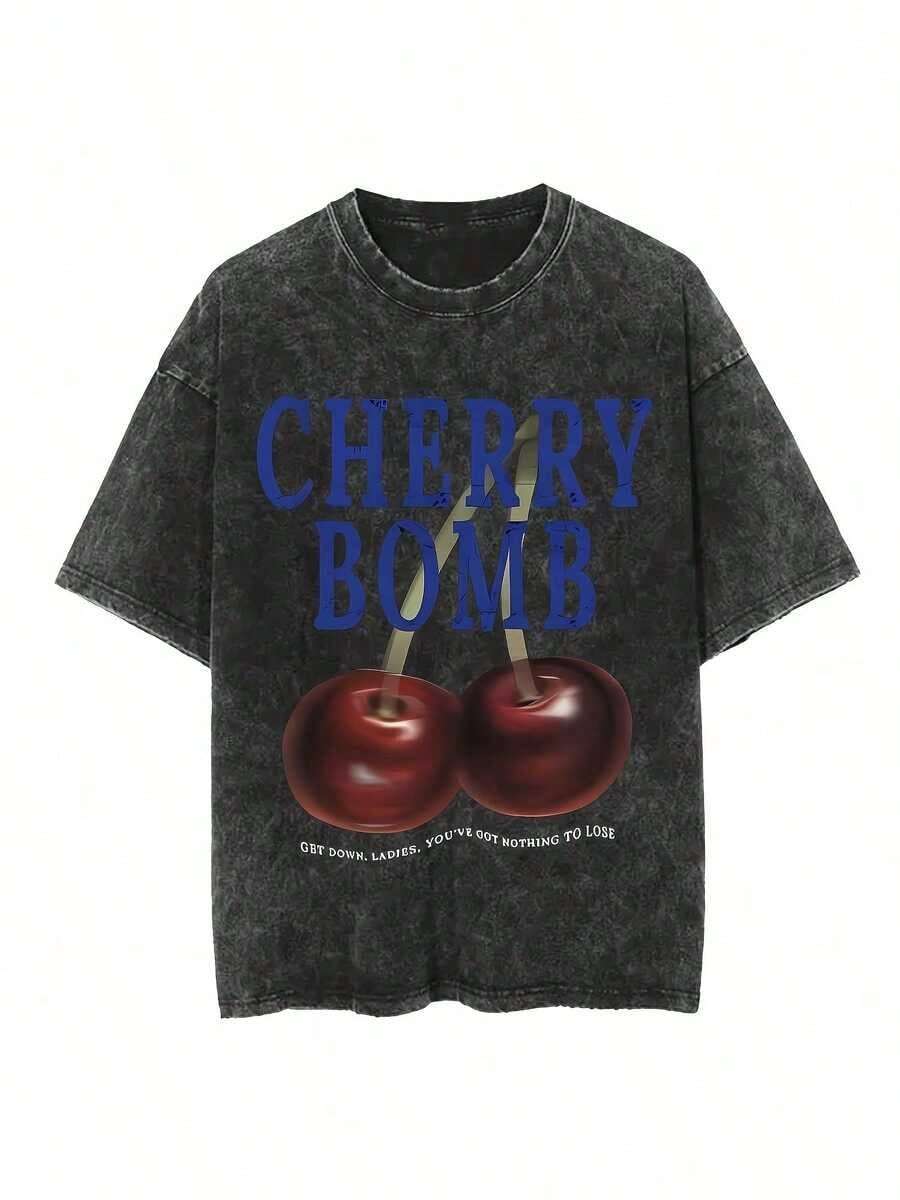Women's & Men's Black Short Sleeve T-Shirt With Cherry Bomb Print For Men And Women, Retro Wash, Round Neck, Casual, Soft, Breathable And Comfortable, Elegant, Eye-Catching And Stylish. - 黑色 - 查看 1