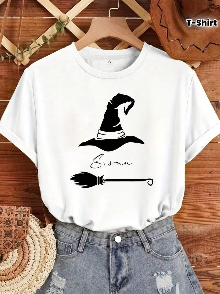 Personalized Halloween Witch T-Shirt, Custom T-Shirts, Personalized Name T-Shirts, Family T-Shirts, Halloween Crew T-Shirts, Witch Theme T-Shirts, Halloween Gifts - 白色 - 查看 1