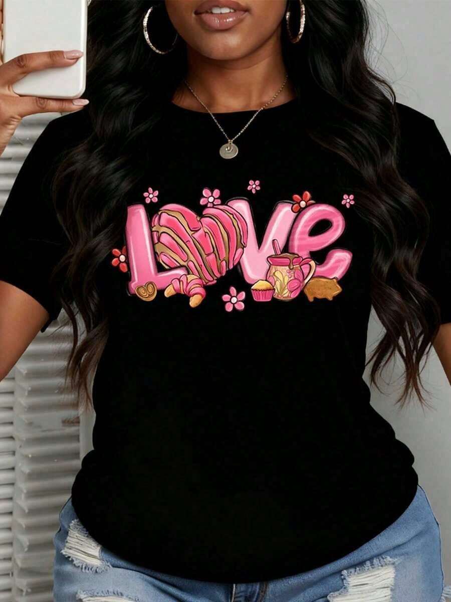 Camiseta de Verano para Mujer de Alta Calidad con Estampado Divertido, Cuello Redondo, Manga Corta, Diseño de Amor con Dulces y Cupcakes, 100% Algodón Puro, Camiseta Casual para Uso Diario, Fiesta, Vacaciones, Opción de Regalo. - Negro - Ver 1