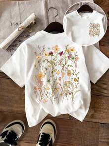Howell Women's Casual Summer T-Shirt, Fashionable Floral Print Short Sleeve T-Shirt, Casual T-Shirt With Lovely Floral Design And Round Neck For Women, Graphic Print T-Shirts, White Summer Tops. - 白色 - 查看 5