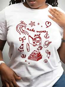 Plus Size - Plus Size - Women's Fashion Casual Crew Neck T-Shirt, Mother's Day | Short Sleeve, Plus Size, Suitable For Daily Wear And As A Gift, Solid Color With Special Print. - 白色 - 查看 6