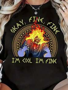 Women's Casual Short-Sleeved Crew Neck T-Shirt With A Fun Black Fire Print. Comfortable And Breathable Fabric, Suitable For All Seasons And Everyday Wear. A Stylish And Simple Garment, Perfect For Easter, Halloween, Thanksgiving, And Other Holidays. - 黑色 - 查看 1
