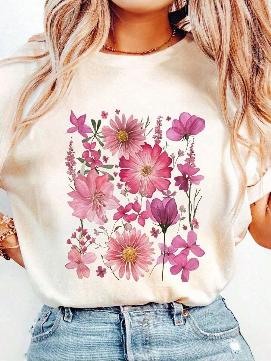 Camiseta de verano premium para mujer, de corte holgado, con estampado floral de estilo retro y bohemio. - Albaricoque - Ver 1