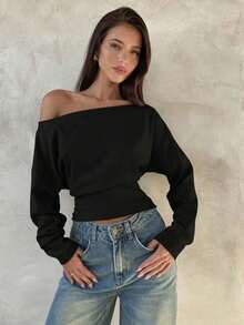 Blusa Asimétrica de Hombro de Manga Larga de 95% Algodón Tejido, Blusa Versátil Negra, Armario de Otoño; Simple, Elegante; Cómoda, Chic. - Negro - Ver 8