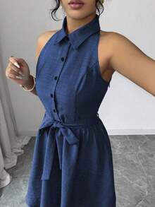 Vestido de cuello de camisa sin mangas con efecto de lino de dos tonos y efecto de mezclilla, silueta en línea A, diseño elegante y romántico, adecuado para uso al aire libre - Azul lavado oscuro - Ver 4