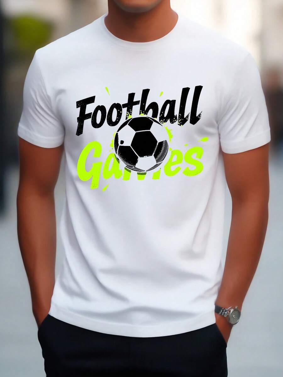 Football Match Pattern Print Shirt Breathable, Regular Fit, Casual Sports Short Sleeve, 2D Football Shirt For Men, 2D Football Jersey, 2D Vintage Football Shirt, 2D Football Jersey, 2D Shirt For Men, Casual 2D Football, Loose And Comfortable - 白色 - 查看 1