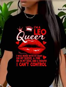 New Summer And Autumn Clothing, New Leo Queen Women's Red Lip Print T-Shirt, 100% Breathable Summer T-Shirt, White Round Neck, Casual And Simple, Machine Washable, Comfortable And Slim Fit, Suitable For Summer, A Perfect Mother's Day Gift For Mom Or Wife - Unisex, Suitable For Casual Daily Outings, Short Sleeve Summer T-Shirt, Retro Y2K Print T-Shirt. - 黑色 - 查看 5