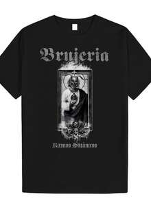 Men's Vintage Black Street Style T-Shirt With Gothic Satanic Horror And Demon Art Print, Ideal For Witchcraft Ceremonies, Band Merchandise, Music Festivals, Halloween Parties, Dark Metal Rock Style, Summer And Autumn Streetwear. - 黑色 - 查看 6