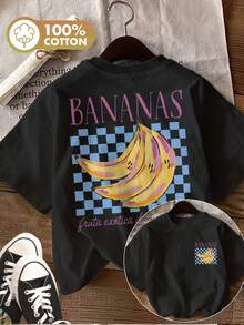 | Exquisite Design | Loose And Comfortable | Easy To Match | [Double-Sided Print] Women's Summer Casual T-Shirt, Pop Style, Banana Print, Checkerboard Design, Exotic Fruit Print BANANAS, Round Neck, Pure Cotton Short-Sleeve T-Shirt [Ling K] - 黑色 - 查看 1