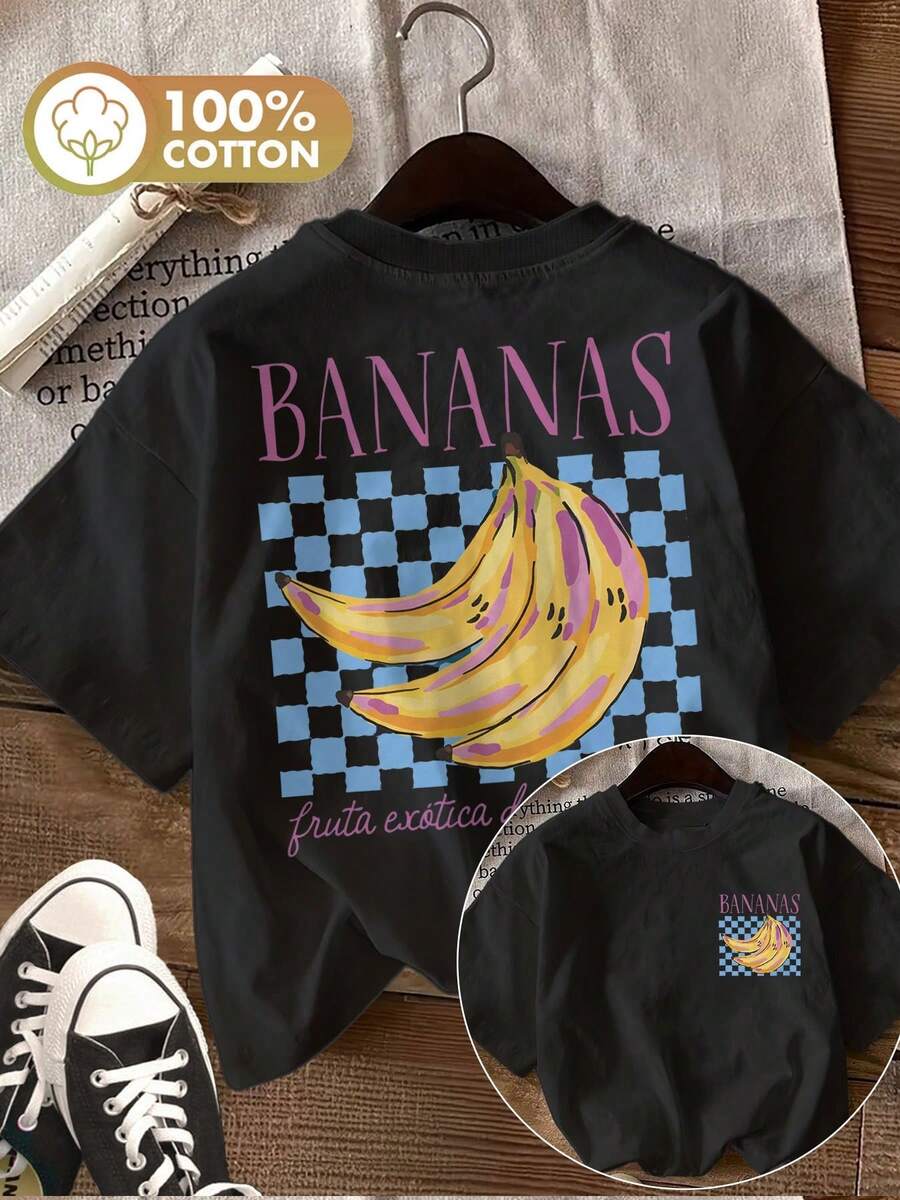 | Exquisite Design | Loose And Comfortable | Easy To Match | [Double-Sided Print] Women's Summer Casual T-Shirt, Pop Style, Banana Print, Checkerboard Design, Exotic Fruit Print BANANAS, Round Neck, Pure Cotton Short-Sleeve T-Shirt [Ling K] - 黑色 - 查看 1