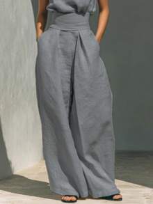 Linen Blend 2-Piece Outfit, Sleeveless High Neck Top & Wide Leg Pants With Waist Belt, Casual Summer Set - Xám - Xem 3