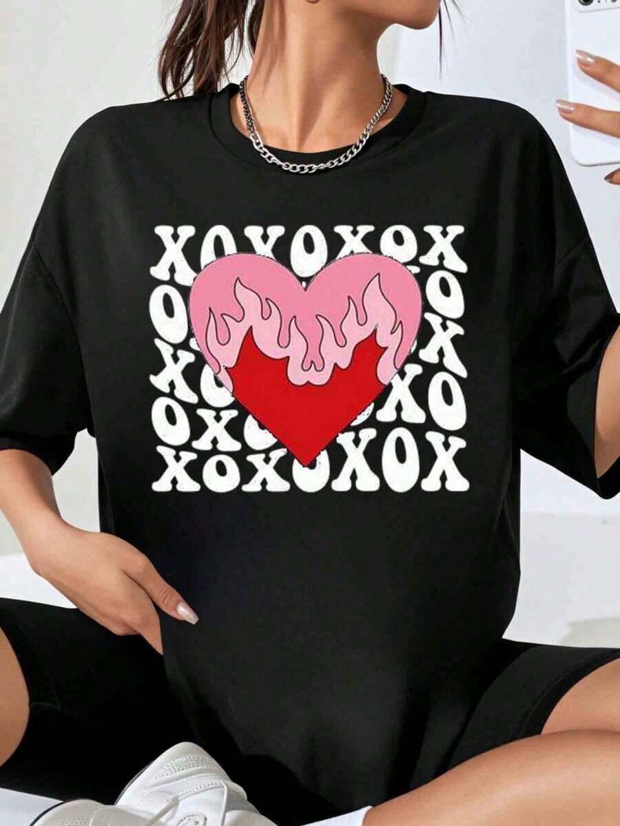 Women's Oversized T-Shirt With Heart And Flame Graphic Xoxo, Casual Valentine's Day Wear, Romantic And Cute Top - 黑色 - 查看 1