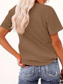 Women's Letter Print T-Shirt, Short Sleeves And Round Neck - Casual Sporty Style, Soft And Breathable, 95% Polyester Fiber, 5% Spandex, 180g, Unique And Modern,  Hip-Hop Style, Simple And Versatile, Full Of Urban Style, Cool And Elegant, Short Sleeves For Autumn And Winter. - 黑色 - 查看 11