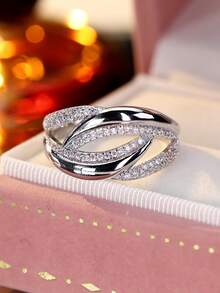 1pc Fashionable Linear Geometric Cross Design Cubic Zirconia Inlaid Women's Ring Casual Gift - Multicolor - View 11