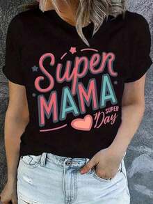Women's T-Shirt, Casual T-Shirt With "Super Mama" Print - Round Neck, Short Sleeve, Slightly Stretchy Knit Fabric, Regular Fit, Gift For Birthday, Easter, Mother's Day, Casual Black Short-Sleeved Round Neck T-Shirt For Women. - 黑色 - 查看 1