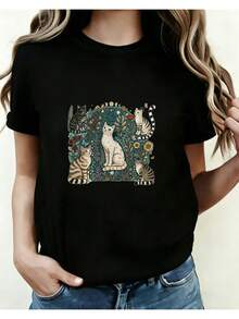Women's Crew Neck T-Shirt With Artistic Folk Style Cat Print, Comfortable And Stylish, Unique Cat Design, A Choice For Animal Lovers And For Daily Casual Wear, A Great Gift For Various Occasions, Women's Crew Neck Printed T-Shirt For The Four Seasons. - 黑色 - 查看 1