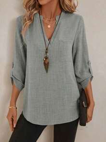 Blusa casual de mujer de unicolor y cuello con muesca, de manga 3/4, versátil y adecuada para uso en la oficina en otoño/invierno, casual - Gris Claro - Ver 3