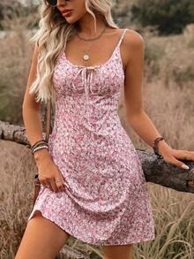 Vestido corto casual sin mangas con estampado floral pequeño para vacaciones y playa - Rosa - Ver 4