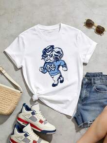 Camiseta de manga corta con cuello redondo suave y casual para mujer, el estampado gráfico de la mascota de los UNC Tar Heels es ideal para conjuntos casuales de primavera y verano. Negro. - Blanco - Ver 5