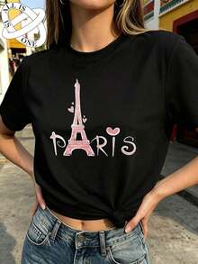 ALL IS ONE Pure Cotton Women's Casual Loose Fit Elastic Breathable T-Shirt Vintage Streetwear Eiffel Tower Paris Heart Pattern Round Neck Premium Quality Spring/Summer Fashion Short Sleeve - 黑色 - 查看 2