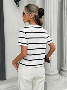 de manga corta de cuello redondo a rayas para mujer, de uso versátil y casual para uso diario - Blanco y Negro - Ver 2