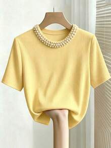 Camiseta de manga corta con cuello redondo ajustado, con cuentas y acanalada, elegante para mujeres - Amarillo - Ver 5