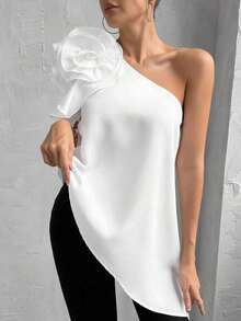 Camiseta asimétrica de verano elegante para mujer con flores 3D, sin mangas y con hombro oblicuo - Blanco - Ver 4