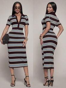 Vestido casual de talla grande para mujer con mangas cortas, rayas y botones con media cartera - Multicolor - Ver 1